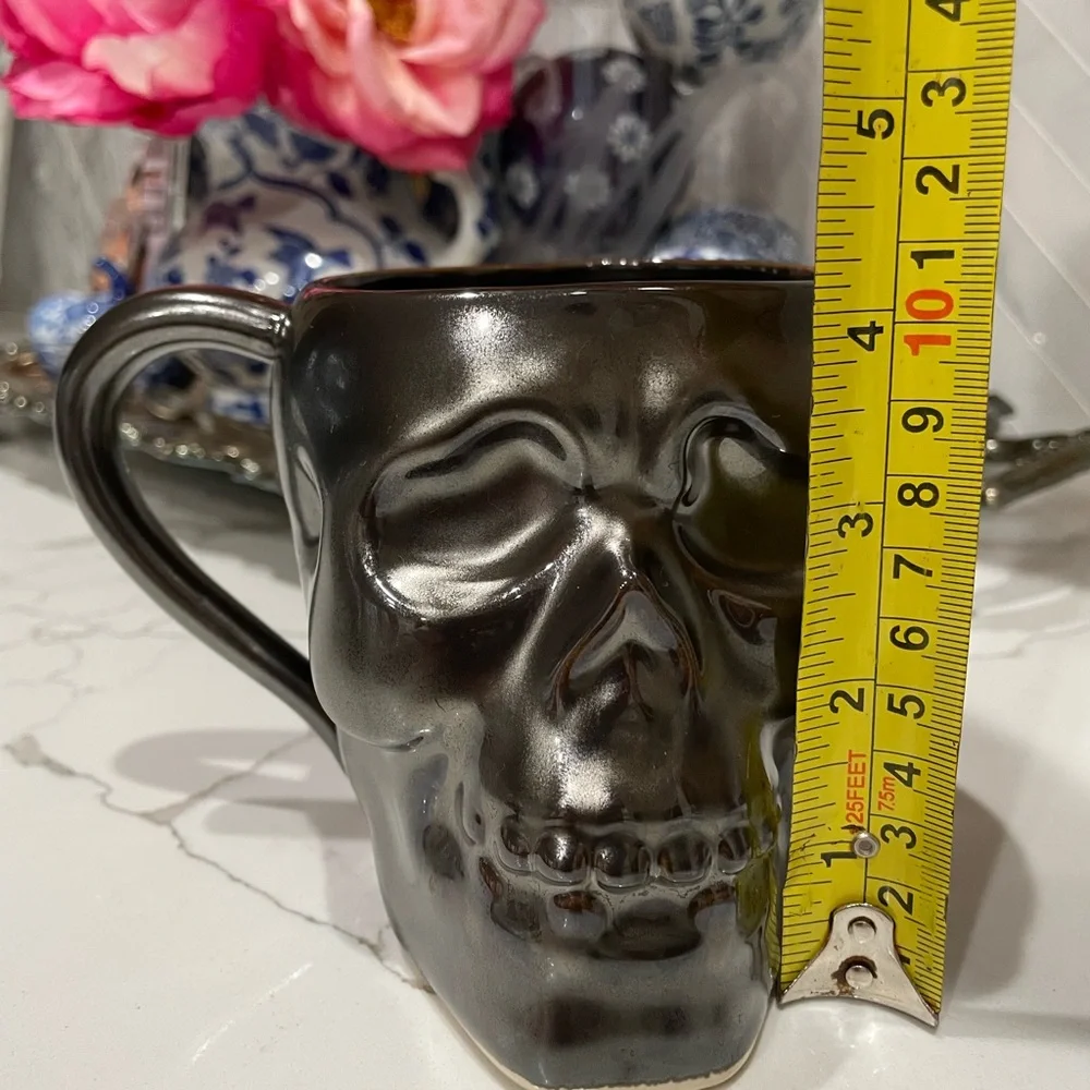 Set of 2 West Elm Skull Mugs Metallic Black Ceramic 19oz Large